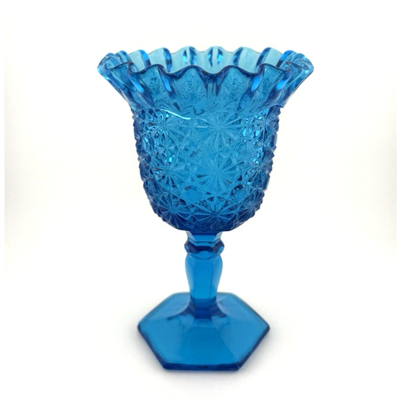 VTG MCM LE Smith Pressed Glass DAISY & BUTTON Blue Ruffled 6 1/2" Compote Vase - Picture 8 of 10